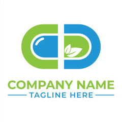 Modern Pharmaceutical Company Logo Design Featuring Pill Capsule Shape and Natural Greenery Accents for Wellness Focus