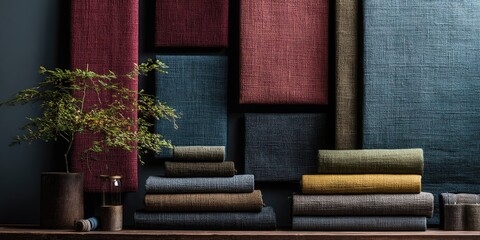 Textured fabric samples in deep jewel tones and earth tones, displayed vertically and horizontally with rolled fabrics stacked below, accompanied by a small potted plant on a dark wooden surface