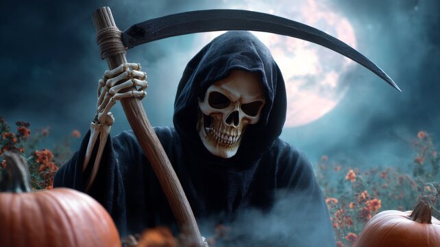 Sinister Figure in Dark Cloak Holding Scythe Surrounded by Pumpkins and Full Moon Glow - Powered by Adobe