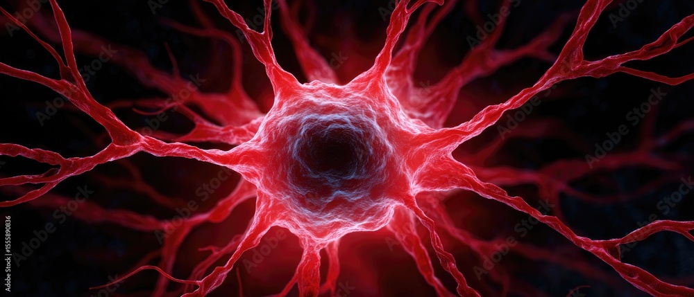 Poster a vibrant red neuron with branching dendrites and a glowing center, illustrating neural connections 