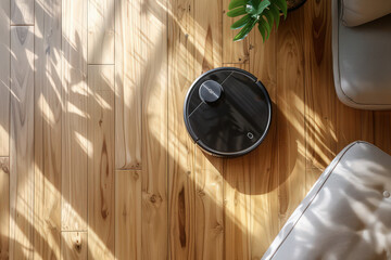 Robot vacuum cleaner gliding on wooden floor in sunny modern interior. Smart cleaning showing autonomous device in minimalist bright home.