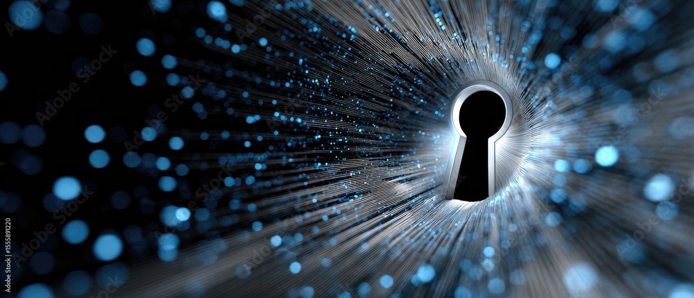 Poster a glowing keyhole shines amidst a dynamic array of blue digital particles, symbolizing cybersecurity