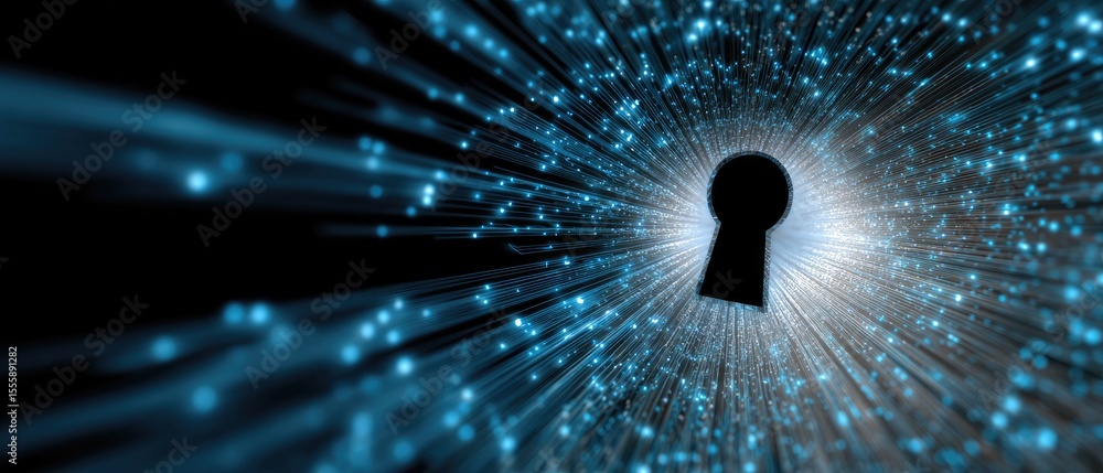 Poster digital keyhole glowing with blue data streams symbolizing cybersecurity and digital protection.