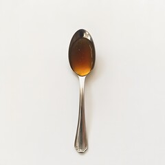 A single silver spoon filled with a dark amber liquid resting on a plain white surface viewed from above