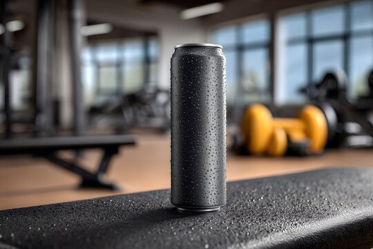Refreshing energy drink, on gym bench after workout, cool boost and hydration