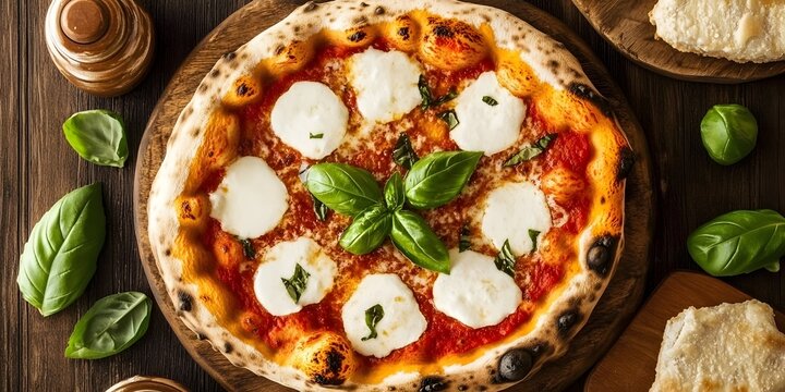 Overhead view of a neapolitan pizza with mozzarella and basil on a wooden board and dark wood table