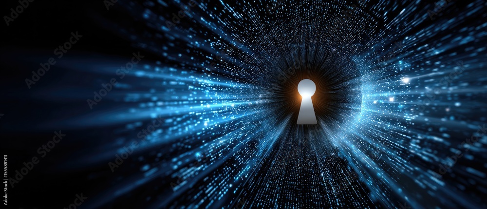 Poster a glowing keyhole surrounded by streams of blue digital data, symbolizing cybersecurity and access t