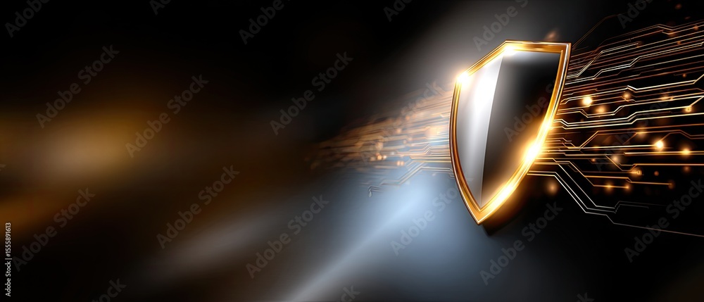 Poster a glowing shield with circuit lines represents digital security and protection in a futuristic, tech