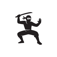 Ninja Silhouette Vector Icon with Sword in Action Pose Isolated on White Background