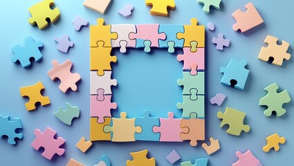 A square frame is formed by colorful puzzle pieces, with scattered pieces around it on a light blue background.