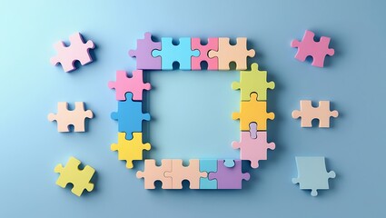 A square frame is formed by colorful puzzle pieces, with scattered pieces around it on a light blue background.