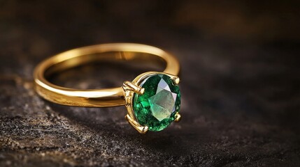 Jewelry with gemstones luxury gold ring with Congo Emerald on a dark brown background