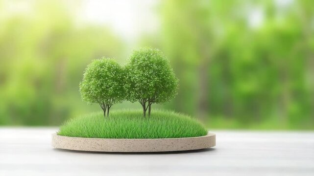 technology and nature for sustainable growth concept. Two small green trees on a circular patch of grass, displayed on a wooden surface with a blurred natural background.
