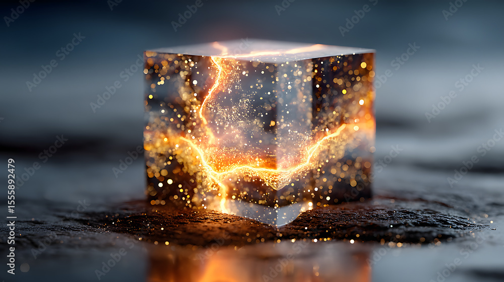 Poster energy cube: an abstract, artistic composition featuring a luminous cube with a dynamic interplay of