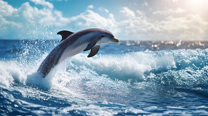Fototapeta premium A dolphin leaps from the ocean waves with sunlight and clouds in the background on a bright day