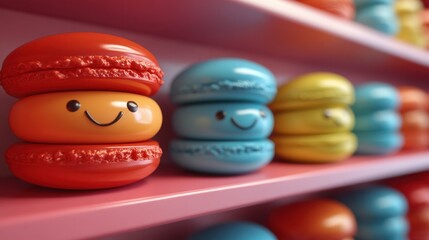 Colorful macarons with happy faces on shelves