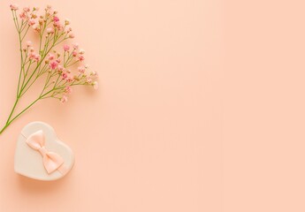 Romantic Flat Lay with Pink Flowers and Heart-Shaped Gift Box on Peach Background