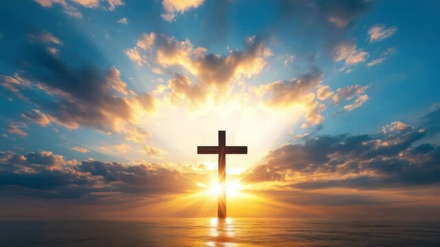 Christian cross sunset ocean sky clouds sunlight religious symbol spiritual faith hope water reflection nature landscape bright peaceful calm horizon evening light rays silhouette worship dramatic