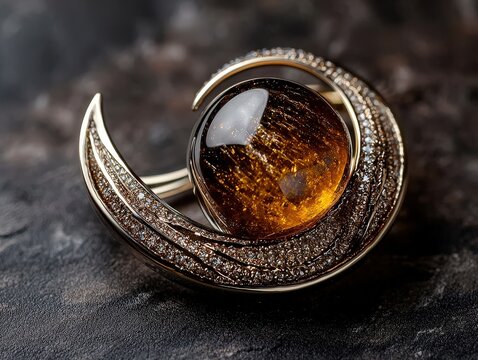 Jewelry with gemstones modern brooch with Dravite on a dark brown background