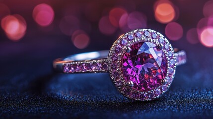 Jewelry with gemstones luxury silver ring with Almandine Spinel on a dark violet background