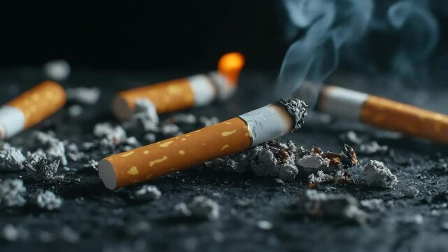 Burning cigarette with ash smoke and glowing ember on dark surface creating moody intense atmosphere showing tobacco nicotine addiction health pollution effects scattered cigarette butts and ashes