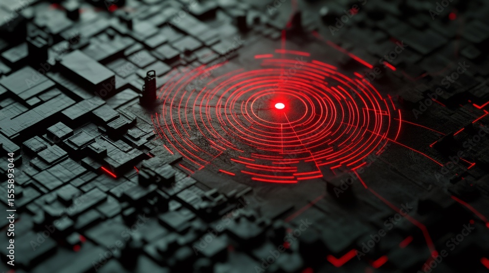 Poster seismic red waves radiating outward from epicenter, depicting geological dynamics across dark backgr