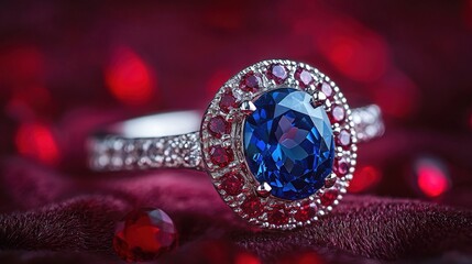Fototapeta premium Jewelry with gemstones luxury silver ring with Lux Sapphire on a burgundy background