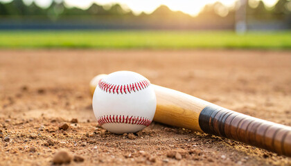 Leather ball and wooden bat lying on the ground on baseball field. Professional active sport.