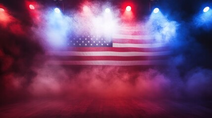 Patriotic stage with American flag, spotlights, and smoke.