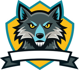 wild wolf head mascot logo framed by a white ribbo