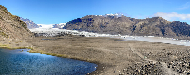 Panorama of Vatnajokull National Park glacier and lake