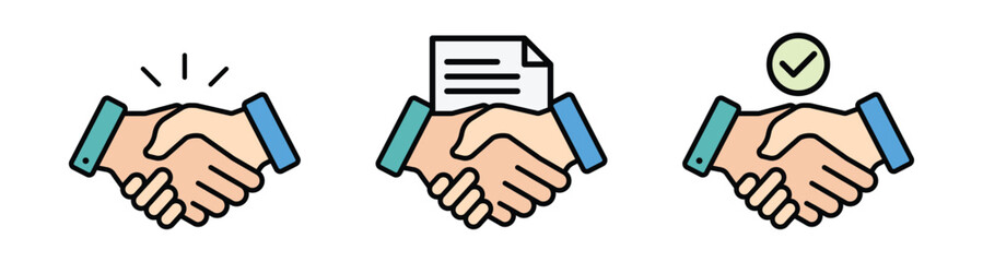 Handshake icons. Business agreement, friendly handshake icon. Partnership deal symbol for apps, UI, website, design element. Transparent PNG and vector illustration.