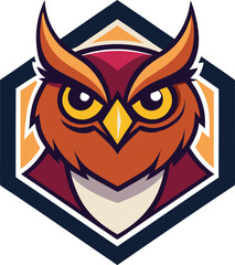 wise owl head mascot logo on a white hexagon backg