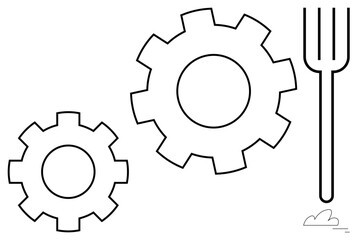 Two interconnected gears and a farming fork with a minimal cloud, combining technology with agriculture. Ideal for innovation, sustainability, collaboration, eco-industry, engineering, mechanics
