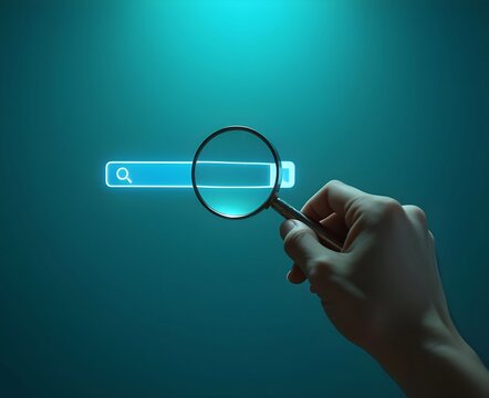 Search engine optimization concept magnifying glass on search bar interface
