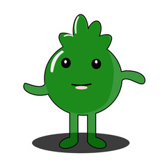 A colorful vector image of a cute fruit character resembling a watermelon with a smiling face, wearing gloves and shoes, surrounded by bright, multicolored stars on a gray background. Playful and fun!