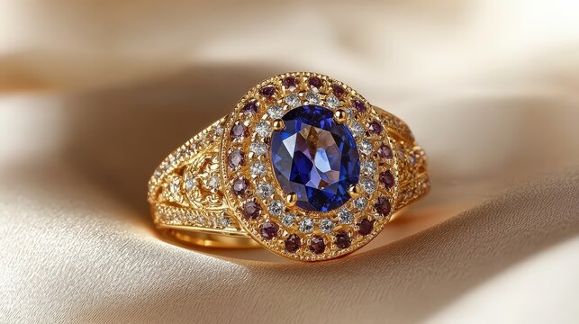 Jewelry with gemstones luxury gold ring with Sapphire Spinel on a beige background