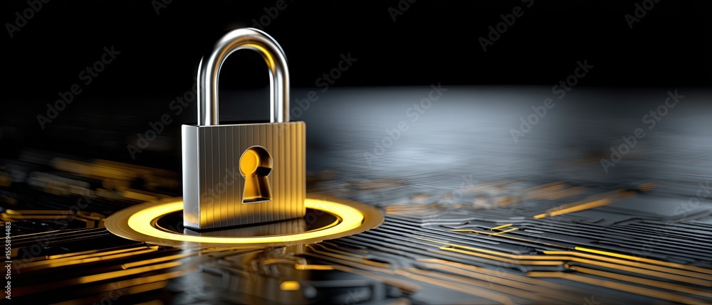 Poster a silver padlock on a digital circuit board symbolizes cybersecurity and data protection in a high-t
