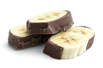 Chocolate-covered banana slices isolated on a white background, png