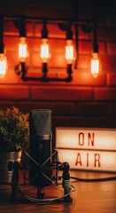 Microphone with ON AIR Sign for Podcast or Radio Broadcast