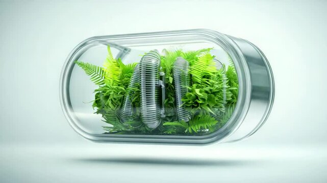 technology and nature for sustainable growth concept. A transparent capsule containing green ferns and plastic bottles symbolizes environmental conservation and recycling.