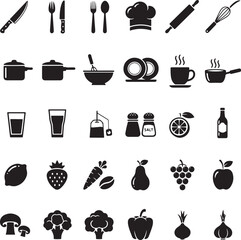 Collection of black kitchen utensils and food icons on white background cooking knife