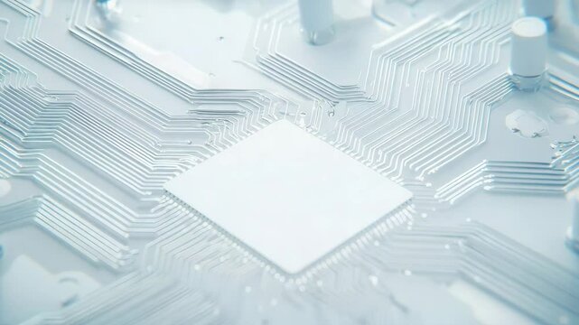 technology and nature for sustainable growth concept. A close-up view of a white microchip on a circuit board with intricate electronic pathways.