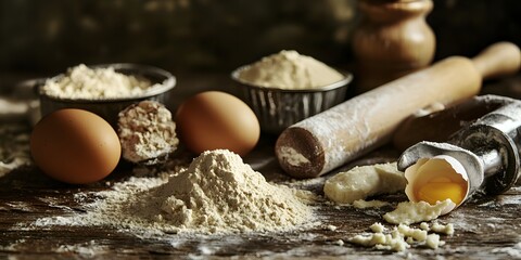 A still life of baking ingredients including flour eggs and a rolling pin on a wooden surface