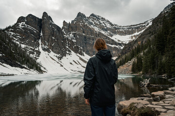 Woman stands at edge of lake