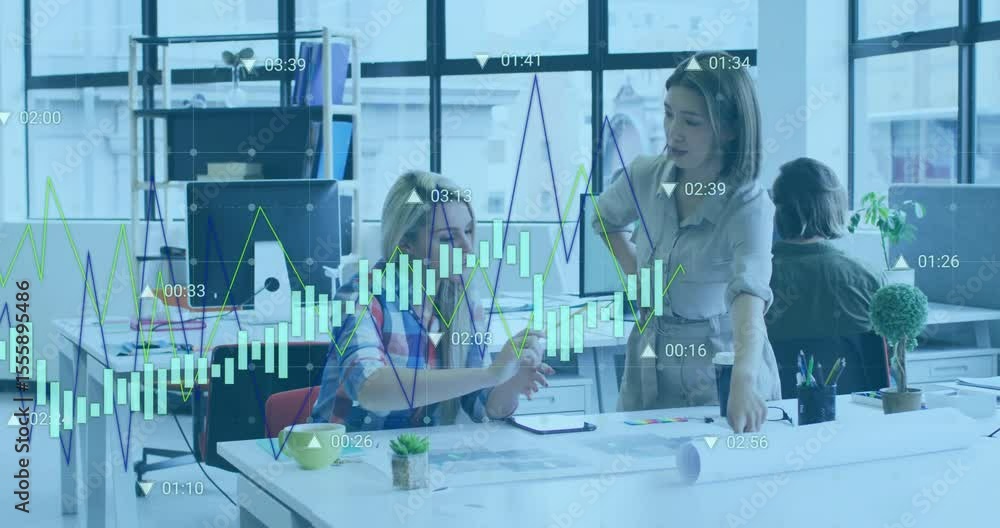 Poster standing colleague pointing to blueprint guiding designer comparing swatches nodding design signoff