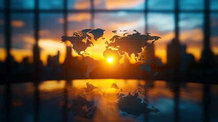 World map digital display with sunset reflection on table, modern technology and warm light, blurred cityscape background, global silhouette and inspiring atmosphere with orange and blue tones - Powered by Adobe