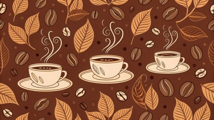 Warm Autumnal Coffee Cups:  Hand-drawn illustration featuring steaming coffee mugs, scattered coffee beans, and stylized autumn leaves on a rich brown background, creating a cozy