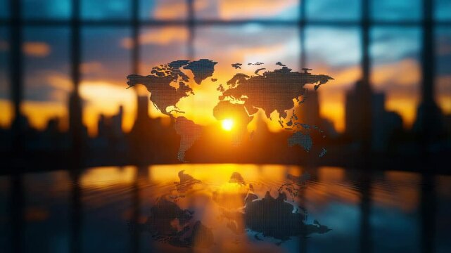 World map digital display with sunset reflection on table, modern technology and warm light, blurred cityscape background, global silhouette and inspiring atmosphere with orange and blue tones