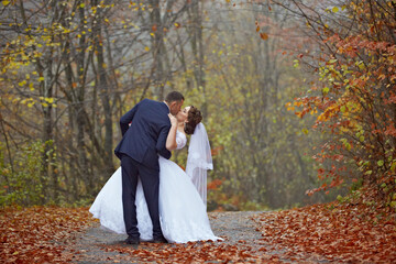 A bride and groom are kissing in the woods